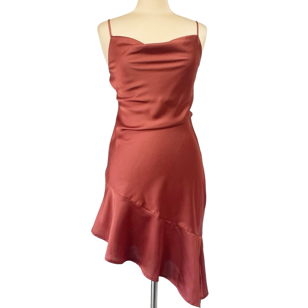 Inspired Hearts Rust Satin Slip Dress Cowl Neck Asymmetrical Ruffle Hem Sz M